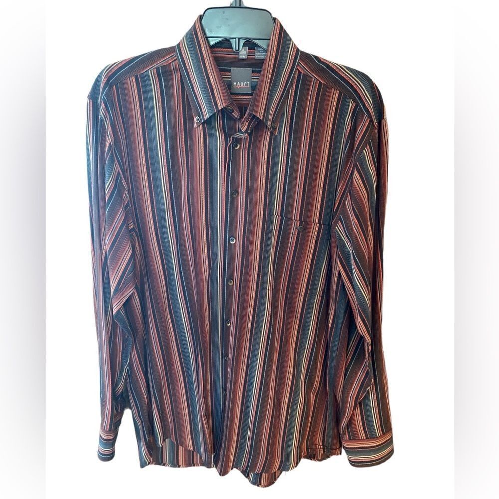 Haupt Sz M Dark Multicolor Striped Classic Collar Button Down Dress Shirt